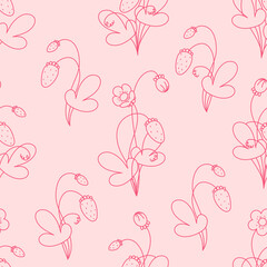 Seamless vector pattern with cute hand drawn strawberry. Gardening theme doodle elements. Red line botanical objects on pink background. For wrapping paper, textile, print, banner, fabric, wallpaper.