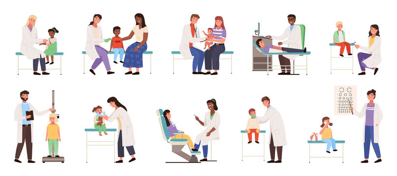 A set of illustrations on the topic children with parents at the appointment. Kids in the hospital. The pediatrician examines and analyzes the health status of patients. Physician helps treat people