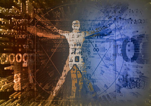 Vitruvian man in explosion of computer data, science and technology concept.
Futuristic expressive Illustration of vitruvian man with a binary codes symbolized digital age.