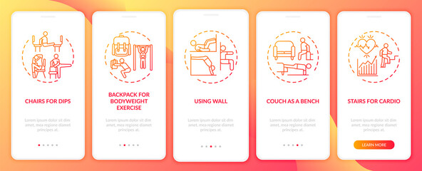 Gym training alternatives onboarding mobile app page screen with concepts. Couch as bench, using wall, walkthrough 5 steps graphic instructions. UI vector template with RGB color illustrations