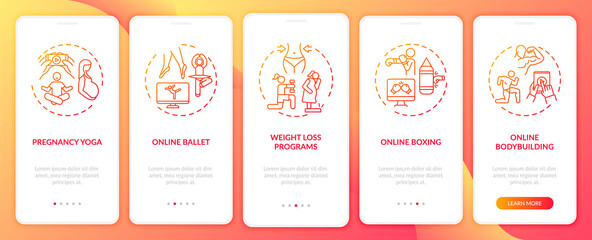 Remote training programs onboarding mobile app page screen with concepts. Online ballet, burning fat walkthrough 5 steps graphic instructions. UI vector template with RGB color illustrations