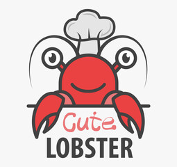 Funny cartoon seafood shop mascot. Happy lobster chef. Crawfish bar icon. Design for print, emblem, t-shirt, party decoration, sticker, logotype.