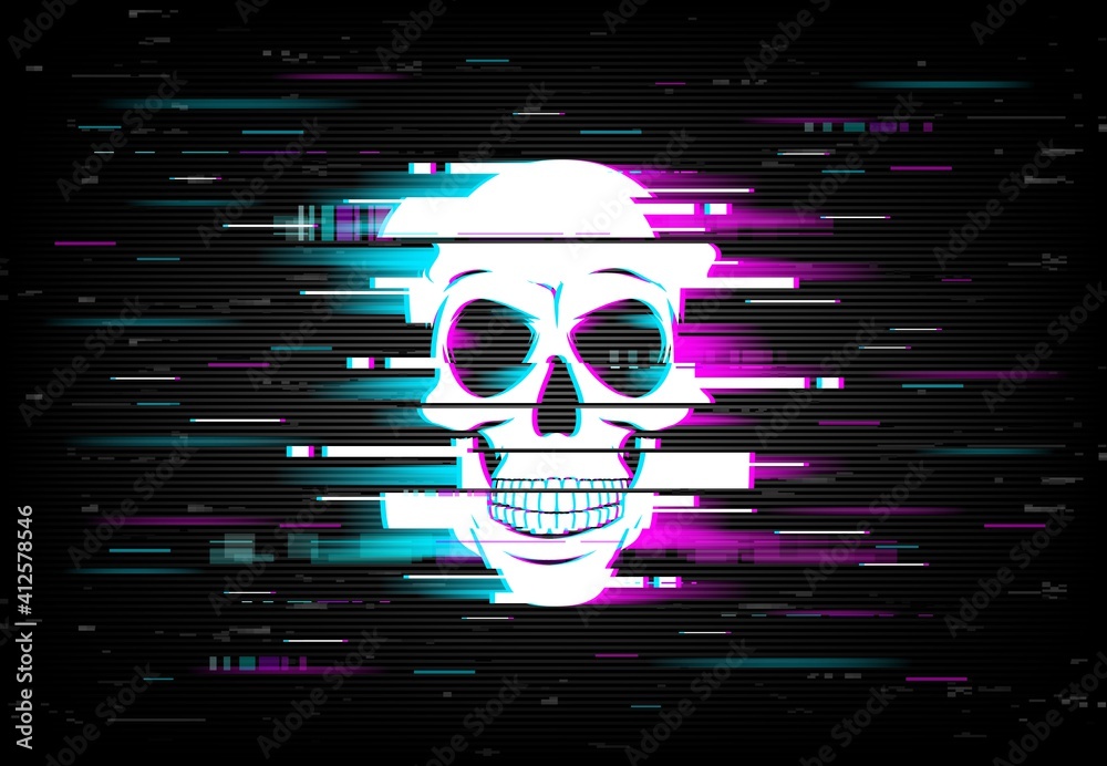 Leinwandbilder Glitch on computer screen with smiling human skull. Artificial intelligence, computer virus and hacker attack danger, online cybersecurity threats background with video signal error effect vector
