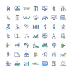 At-home fitness workout RGB color icons set. Online physical training classes. Building strength and balance. Burning calories, losing weight. Online fitness coach. Isolated vector illustrations