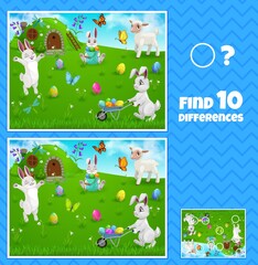 Obraz premium Easter egg hunt bunnies kids game of find ten differences, vector children education. Worksheet template of memory and logic puzzle with cartoon Easter eggs, rabbits, butterflies and lamb