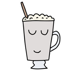 Cute Cup Of Coffee. Hand drawn lines cartoon characters. Cappuccino, americano, latte, mocha. Concept of hot drinks, morning and breakfast. Vector illustration.