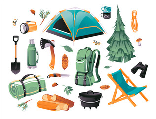 CartooVector Illustration set of Camping and Hiking objects. Tourist equipment. Hiking outdoor elements kit. Camping gear symbols and icons collection on white background.