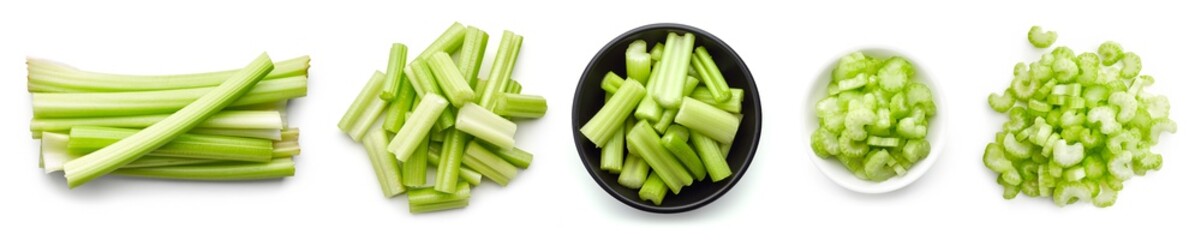 Chopped celery isolated on white, from above