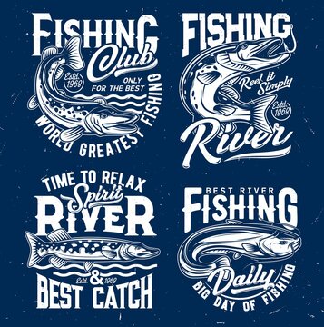 River fishing catch t-shirt print template with northern pike jumping out from water and catching bite on hook, sheatfish or catfish engraved vector. Fishing club emblem, apparel custom design print