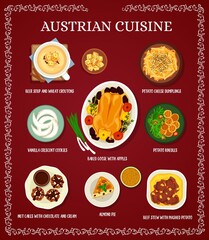 Austrian cuisine menu with meat meals and dessert. Beef stew, almond pie and nut cakes, crescent cookies, potato knedles and cheese dumplings, beer soup and croutons, baked goose with apples vector