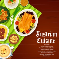Austrian cuisine restaurant meat and vegetable meals menu cover. Baked goose with apples, beef stew with mashed potatoes and almond pie, beer soup and wheat croutons, potato knedles vector