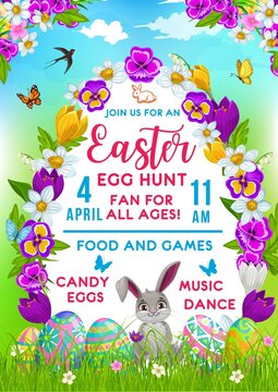 Easter holiday vector flyer with cute cartoon rabbits, decorated eggs, flowers, green blade grass, swallow and butterflies. Happy Easter christian spring celebration, invitation for egg hunt event