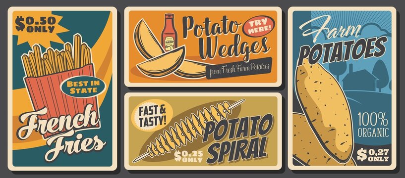 Potato food and meals, vector tornado spiral, raw batata and french fries, potato wedges snack. Farmer market vegetable products. Cafe or bistro assortment, vintage retro promo posters with price tags