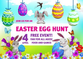 Easter holiday vector flyer of egg hunt party. Easter bunnies or rabbits and painted eggs on green grass with spring flowers and butterflies, swallow birds and floral bouquet, invitation poster design
