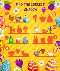 Find correct shadow vector kids game or puzzle with cartoon Easter eggs. Memory game of children education worksheet template with Easter egg hunt bunnies, spring flowers, chicks and sweet bread