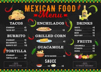 Mexican food vector menu meals tacos, burrito, tortilla and enchiladas with grilled corn and guacamole with nachos. Latin cuisine dishes sauce, tequila, beer and fruits. Cartoon menu of Mexico
