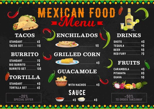 Mexican food vector menu meals tacos, burrito, tortilla and enchiladas with grilled corn and guacamole with nachos. Latin cuisine dishes sauce, tequila, beer and fruits. Cartoon menu of Mexico