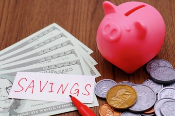 貯金箱、100アメリカドル紙幣、SAVINGSの文字
