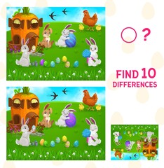 Find differences kids game with vector Easter egg hunt. Children education puzzle or spot 10 differences worksheet template with cartoon Easter bunnies, painted eggs, spring green grass and flowers
