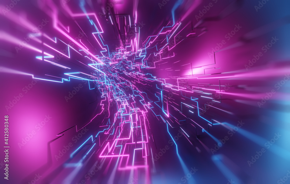 Poster neon high tech digital circuit concept of computer circuit. 3d render