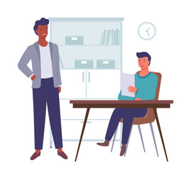 Business meeting or working process. Smiling man at a table talking to person holding paper sheet. Project management and teamwork concept. Businessman communicates with a colleague in office space