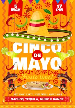 Cinco de Mayo vector flyer with national mexican symbols sombrero hat and tequila in glass shot with lime, red chili japapeno peppers mariachis playing guitar. Cartoon Cinco de Mayo fiesta invitation