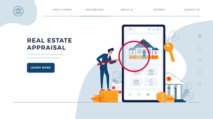 Real estate appraisal web template. Businessman is holding a magnifying glass over a house, doing property inspection of a house. Home appraisal service concept for homepage. Flat vector illustration