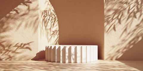 Mockup column stone podium with leaf shadows on rough wall. 3D rendering illustration.