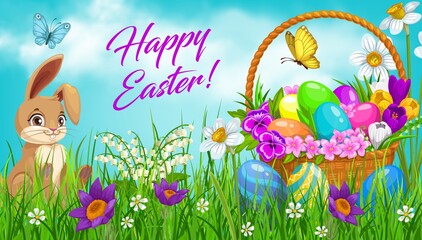 Easter egg hunt basket with bunny vector design. Easter rabbit or hare and painted eggs on green grass field with spring flowers and blooming herbs, daffodil, crocus, pansy and lily of the valley © Vector Tradition