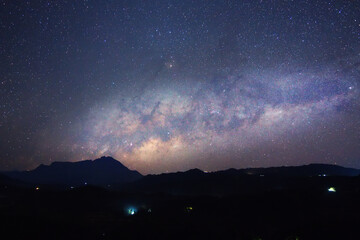 Clearly Milky Way Galaxy in the night sky. Image contains noise and grain due to high ISO. Image also contains soft focus and blur due to long exposure and wide aperture