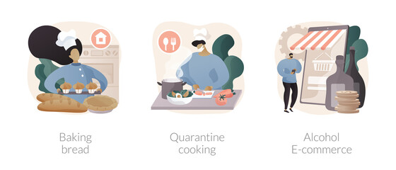 Fototapeta premium Homemade food and delivery abstract concept vector illustration set. Baking bread, quarantine cooking, alcohol e-commerce, family recipe, baking yeast, online grocery and wine abstract metaphor.