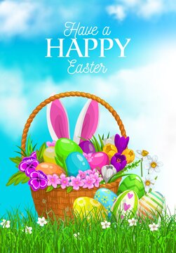 Easter egg hunt basket with bunny ears. Vector spring grass field with Easter eggs, rabbit, green grass blades and flowers of daffodils, crocuses and pansies, Christian religion holiday greeting card