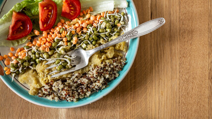 Homemade  sprout lentils and mung beans, raw food, green lettuce, organic quinoa, cooked Ayurveda style yellow lentils. Lunch or buffet, vintage fork. Clean eating concept.. Close up from top.