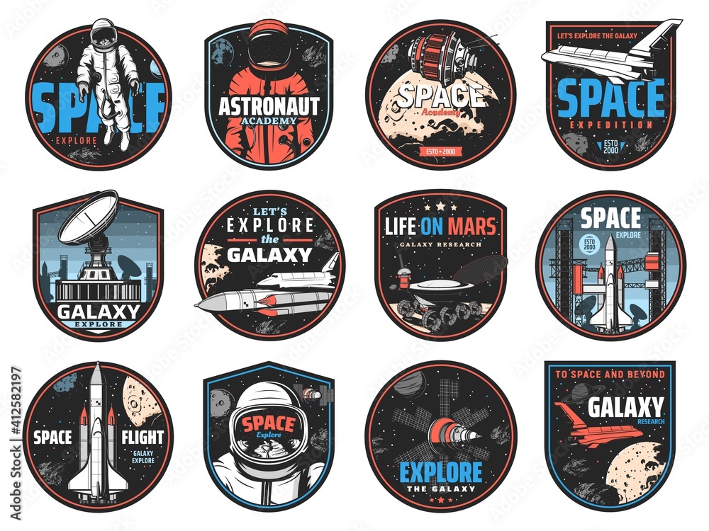 Poster Space retro badges with vector astronauts, spaceships and universe galaxy planets. Rocket launch, satellite and shuttle, Earth, Moon and star, spaceman, spacesuit, helmet and lunar rover icons