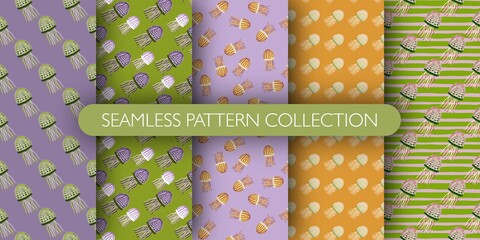 Set of jellyfishes seamless pattern. Undersea print collection.