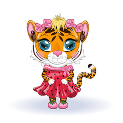 Cute cartoon tiger girl with beautiful eyes in a dress. Chinese New Year 2022, Christmas Year of the Tiger