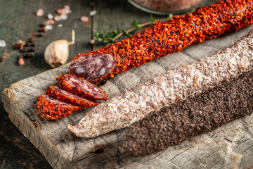 Fuet salami sausage in herbs. dry cured Spanish pork chorizo sausages made with paprika and garlic....
