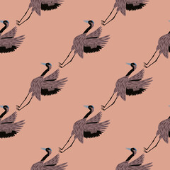 Paste tones asian animal seamless pattern with crane birds shapes. Pale pink background. Animal backdrop.