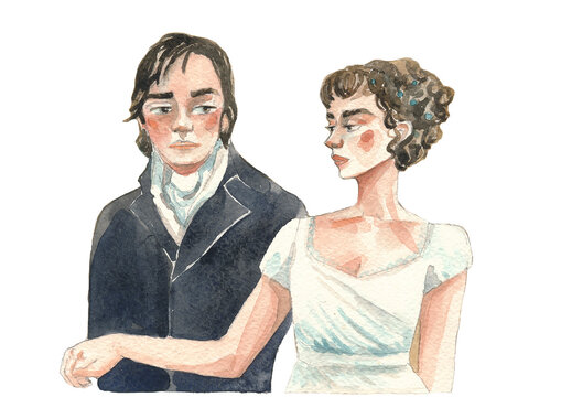 watercolor portrait of a couple from movie  "Pride and prejudice"
