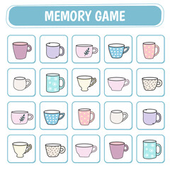 Memory game for children. Educational game with cards with cups. Vector illustration.