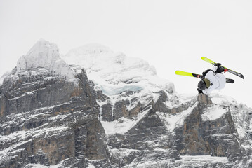 Snowboard ski freestyle big air contest in the background Mittelhorn mountain. Snowboard tricks,...