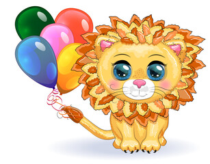 Cartoon lion with expressive eyes. Wild animals, character, childish cute style