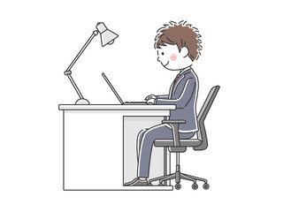机でノートパソコン作業をする日本人ビジネスマンのイラスト