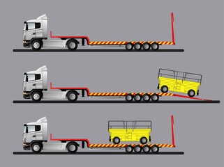 A set of images of loading special equipment on a low loader semi-trailer. Flat style line art illustration.