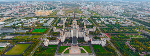 Large panorama perspective view of  Lomonosov Moscow State University campus on Sparrow Hills in summer, Russia. Top view aerial cityscape from the drone.