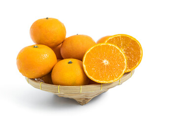 Orange slice and orange group in basket isolated on white background 