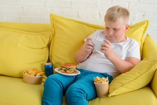 Boy playing with mobile phone, eating chips, French fries, hamburger