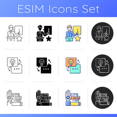 Workshop icons set. Knowledgeable presenter. Sharing experience. Details of training practice. Sharing experience. Linear, black and RGB color styles. Isolated vector illustrations