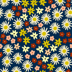 Floral abstract vector seamless pattern with chamomile and alpine flowers in minimalistic style. Hand-drawn botanical repeated background for fabric design. 