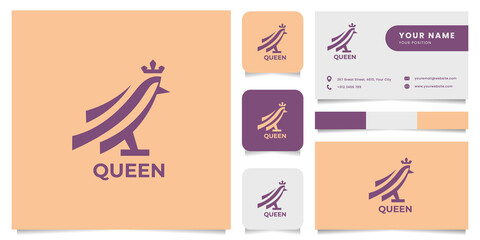 Simple and minimalist bird wears a crown logo, with business card, icon, and color palette